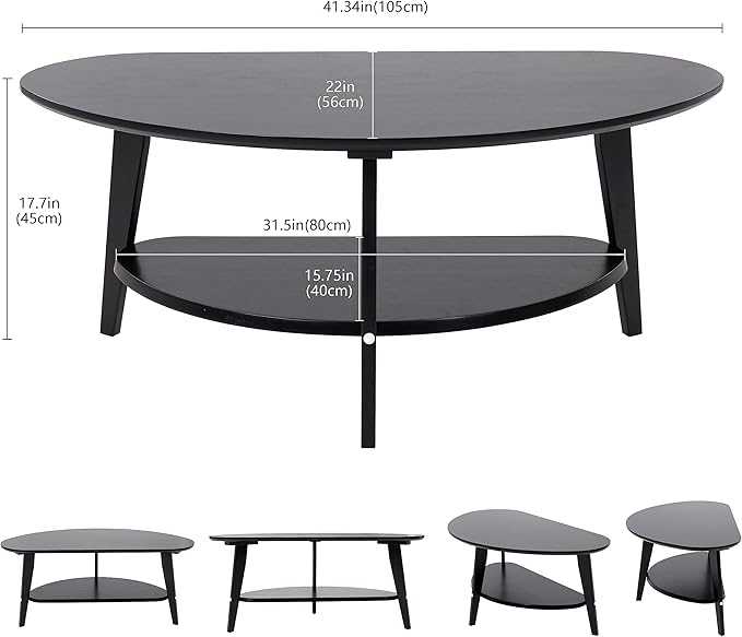 NAVREX Mid Century Modern Coffee Table, Oval Coffee Tables with Storage for Living Room, 2 Tier Solid Wood Center Table, Black Coffe Tables, Value Lies in Material, Easy Assembly, 40.2"*22"