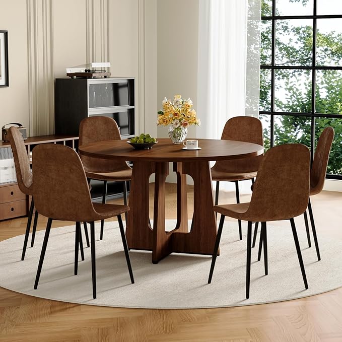 47" Round Dining Table Set for 6, Walnut Wood Grain Table and 6 Brown Suede Upholstered Chairs Set, Mid Century Modern Kitchen Table Set with Cross Legs