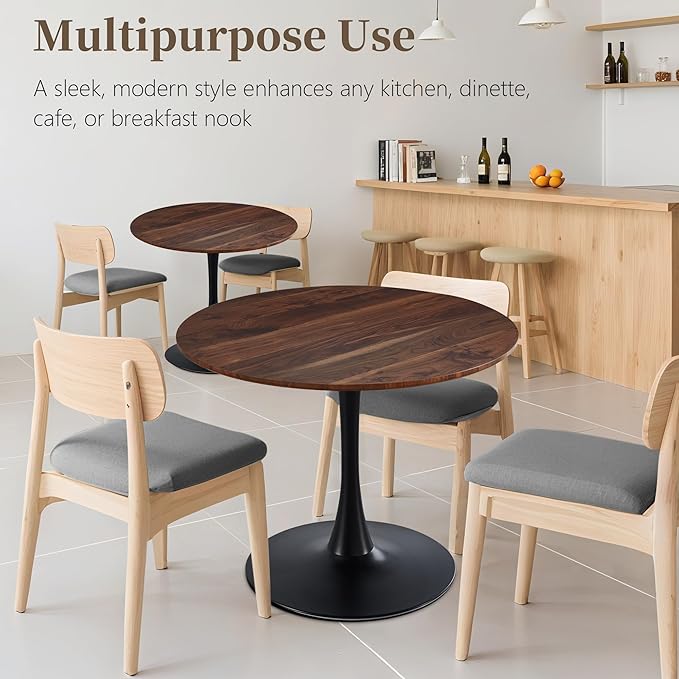42 Inch Round Dining Table,Mid-Century Tulip Table with Metal Pedestal Base,Modern Leisure Table for Small Space Kitchen Dining Room,Easy Assembly,Walnut and Black
