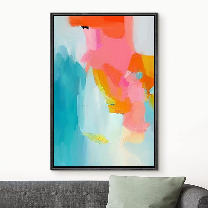 MUDECOR Framed Canvas Print Wall Art Neon Pink Blue Pastel Watercolors Abstract Shape Illustrations Modern Art Decorative Bohemian Colorful Chic for Living Room, Bedroom, Office - 24"x36" Black