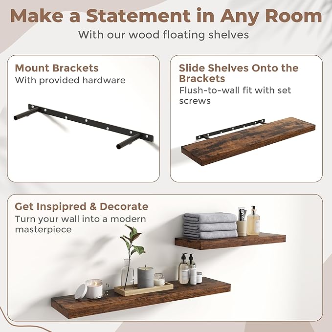 Floating Shelves for Wall with Invisible Brackets, Wall Mounted Engineered Wood Shelves with Wood Grain for Living Room, Bathroom, Kitchen Decor and Storage, Oak, 40"L Set of 2, Rustic Brown