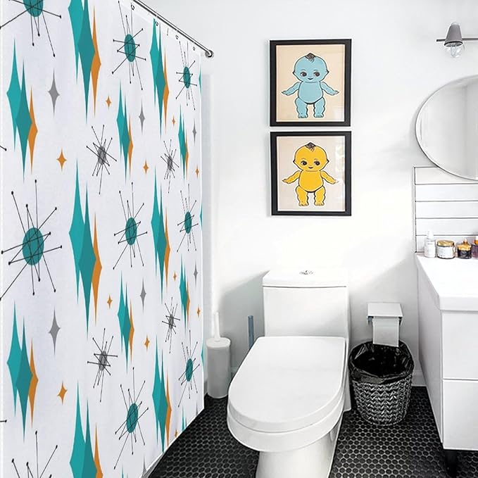 Mid Century Modern Shower Curtain for Bathroom, Teal Orange Geometric Atomic Abstract Pattern 1950s 1960s Retro Vintage Style Waterproof Fabric Shower Curtain Set with Hooks, 72"x78" Inch