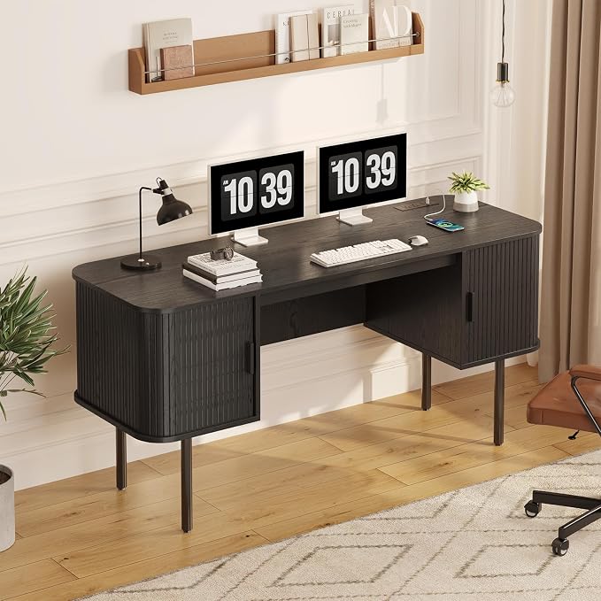 ONBRILL 63 Inch Fluted Computer Desk with Charging Station, Mid Century Executive Desk with 2 Storage Cabinets, Modern Home Office Large Desk with Metal Legs for Working, Studying, Writing, Black