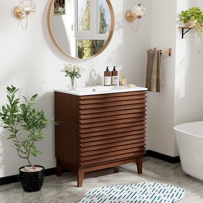 ROOMTEC 30" Bathroom Vanity with Sink, Mid-Century Freestanding Bathroom Vanity Sink with Storage, Undermount Ceramic Sink, Particleboard Frame with Wood Grain Laminate, Walnut