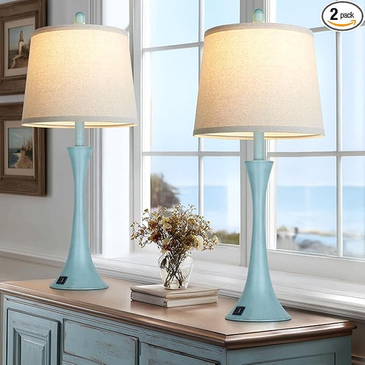 Rinweey Blue Metal Table Lamp Set of 2 with USB C+A Ports, Bedside Lamp, Modern Bedroom Lamps, Coastal Lamp for Night Stands Bedroom Living Room,Nightstand Lamp LED Bulbs Included