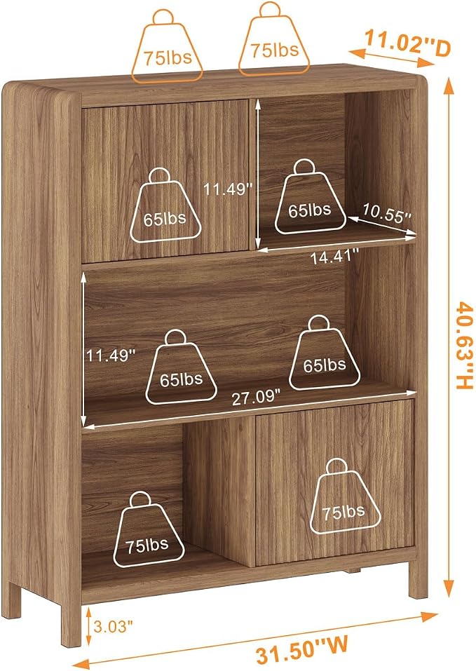 FATORRI Bookshelf with Storage, 5 Cube Bookcase with Doors, Farmhouse Wood Cube Storage Organizer for Home Office, Bedrooom, Living Room (Walnut)
