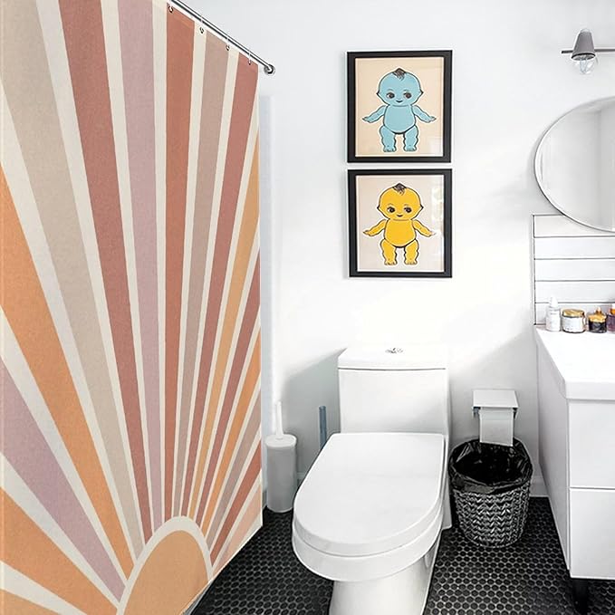 Boho Sun Shower Curtain, Mid Century Abstract Pastel Sunrise Sunset Modern Geometric Colorful Minimalist Art Print 70s Orange Waterproof Fabric Bathroom Shower Curtain Set with Hooks, 72"x78" Inch