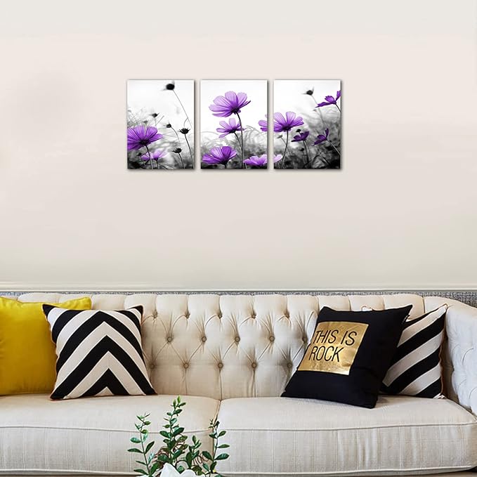 Flowers Wall Art Canvas Pictures Purple Wildflowers Black and White Background 3 Piece Canvas Art Blossom Contemporary Artwork for Home Decoration Office Kitchen Wall Decor 12"x 16" x 3 Panels