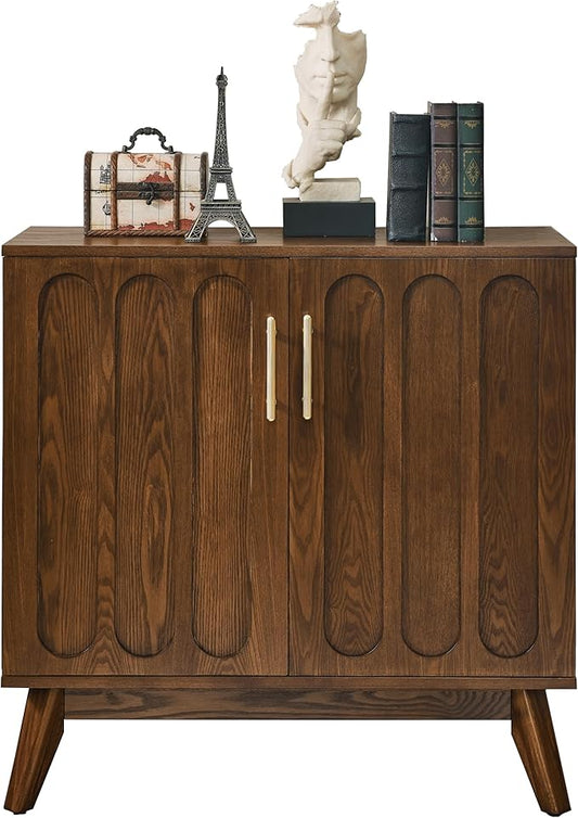 LKTART Sideboard Buffet,Mid Century Modern Storage Cabinet with Doors and Shelves, Boho Style Wooden Buffet Cabinet for Living Room,Walnut