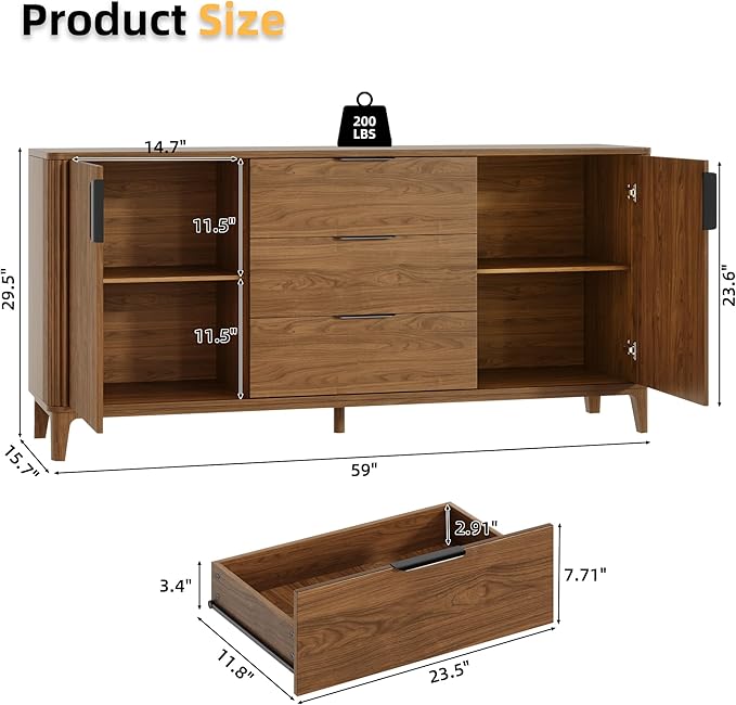 59" Fluted Sideboard Buffet Cabinet with 2 Doors and 3 Drawers, Large Modern Mid Century Buffet Table Coffee Bar Wine Bar Storage Cabinet with Adjustable Shelves for Dining Room, Living Room Walnut