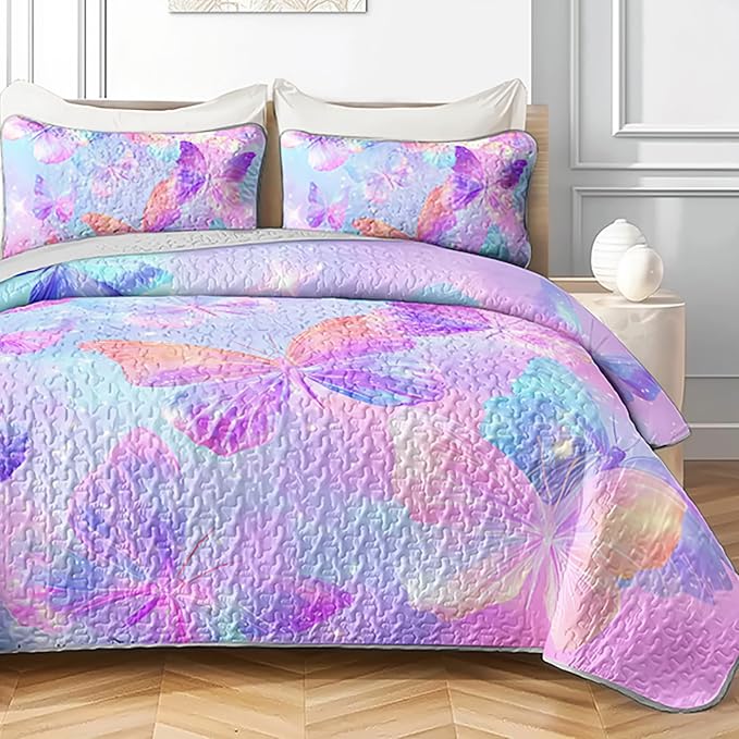 AILONEN Vibrant Butterfly Pattern King Quilt Set 3 Piece, Romantic Floral Bedspread Coverlet with 2 Pillow Shams, Luxury Decorative Bedding for Home Upgrade