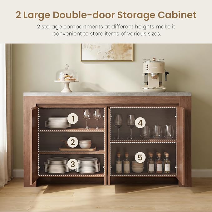 Buffet Cabinet with Storage, 63" Sideboard Buffet Accent Cabinet with Faux Marble Top & 4 Doors, Modern Buffet Table Credenza Cabinets for Living Room, Dining Room, Kitchen（Walnut）