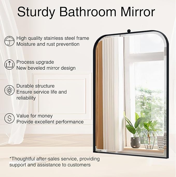 POZINO Beveled Oblong Mirror, 20"x30" Rectangle Rounded Mirror for Over Sink, Modern Black Bathroom Mirrors with Stainless Steel Frame, Vanity Wall Mirrors for Bedroom Living Room Entryway Fireplace