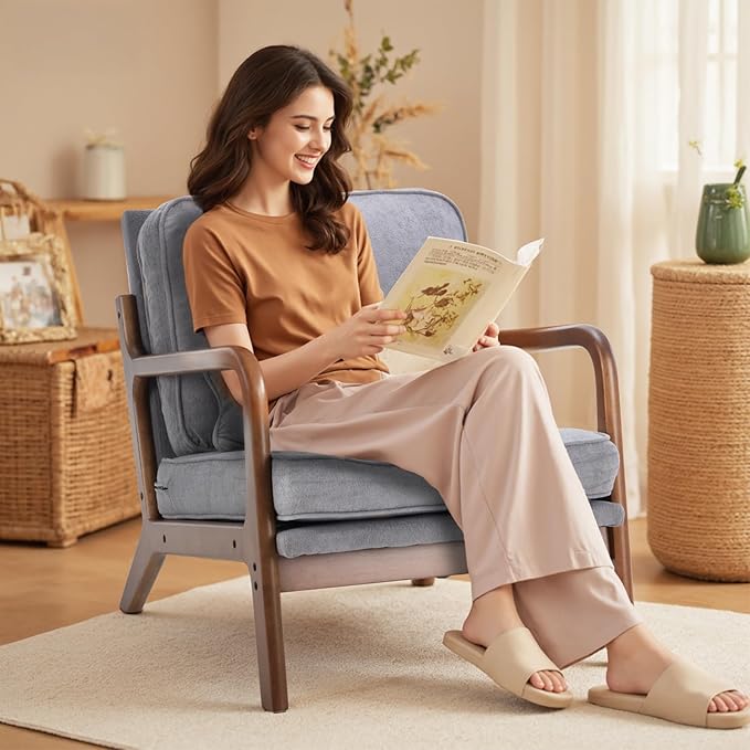 DUMOS Accent Chair Mid Century Modern Chair with Arms and Waist Cushion, Reading Chairs for Adults with Solid Frame, Lounge Side Sitting Armchair for Living Room, Bedroom, Balcony, Light Grey