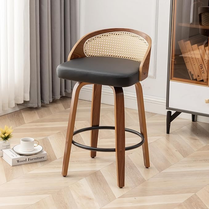 26" Swivel Rattan Bar Stools Set of 2,Mid-Century Modern Black Faux Leather Upholstered Counter Height Stools,Kitchen Island Barstool with Rattan Low Backrest,Walnut Wood Finish Bar Chairs