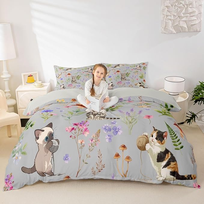 Erosebridal Cute Cat Duvet Cover King Lovely Kitten Cat Lovers Bedding Set Boho Watercolor Floral Comforter Cover for Kids Girls Boys Adults Kawaii Pet Animal Bed Set