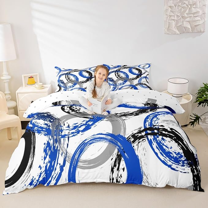 Geometric Circle Duvet Cover Set Queen Size,Abstract Retro Striped Swirls Bedding Set,Boys Girls Room Decor,Graffiti Aesthetic Stripes Comforter Cover,Blue White Quilt Cover,2 Pillowcases(No Filler)