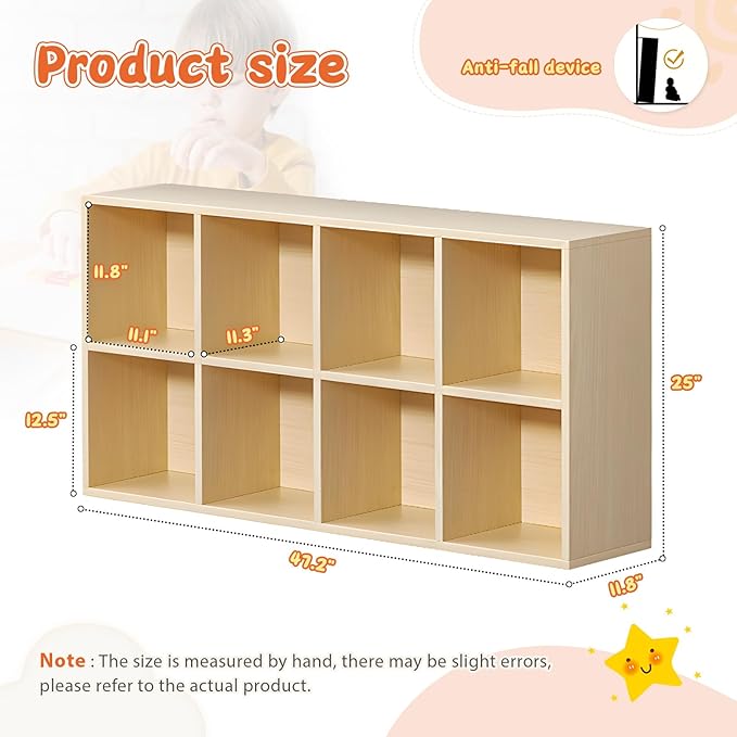 8 Cube Storage Organizer, Cubby Storage Organizer, Cube Shelf with Back Plate, Wooden Kids Bookcase for Toy, Solid Wood Cube Storage for Living Room/Bedroom/Hallway/School, Easy to Install