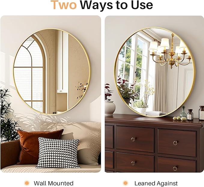30 Inch Round Bathroom Mirror for Wall, Matte Gold Metal Framed | Circle Vanity Mirror for Bathroom Bedroom Living Room Entryway, Anti-Rust, Tempered Glass, Hanging or Leaning