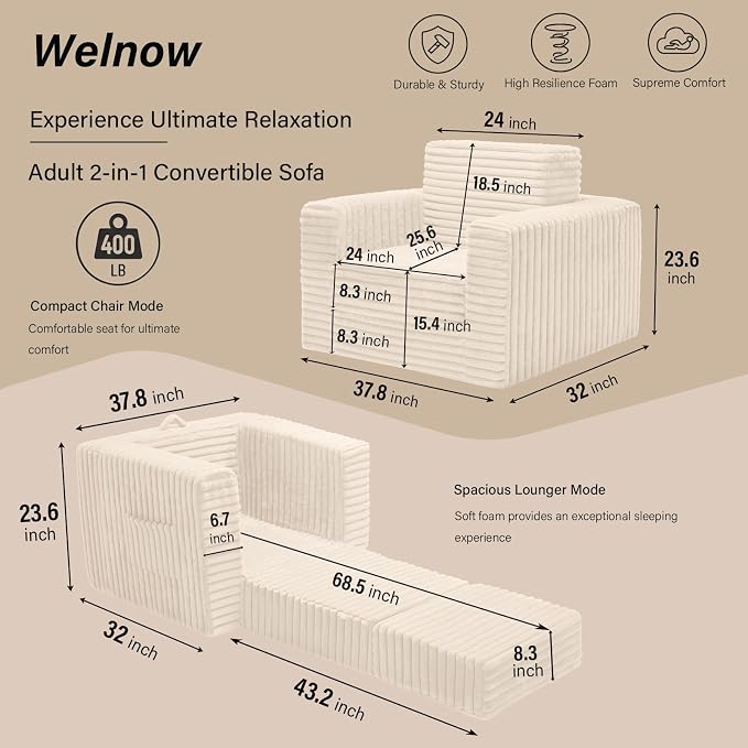 Welnow Folding Sofa Bed with Ottoman, Convertible 2-in-1 Boneless Couch Futon Lounge Chair Bed for Adults, Comfy Fold Out Sleeper Sofa for Small Spaces, Living Room, Bedroom, or Dorm, Beige