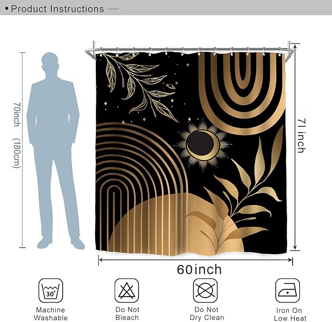 Miyotaa Black Abstract Modern Shower Curtain Set 60Wx71H Inches Minimalist Geometric Plant Leaves Metallic Gold (No Glitter) Polyester Waterproof Cloth Bathroom Curtain with 12 Hooks