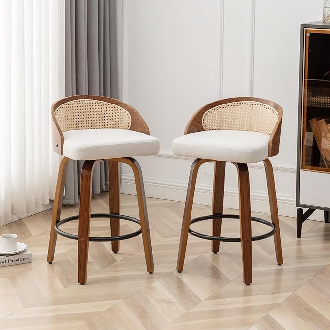 30" Swivel Rattan Bar Stools,Mid-Century Modern Beige Linen Fabric Upholstered Counter Height Stools,Kitchen Island Barstools with Rattan Low Backrest,Walnut Wood Finish Bar Chair,1PCS