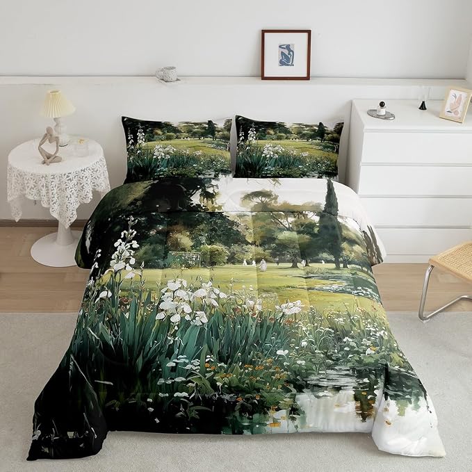 Erosebridal Vintage Floral Toddler Bedding Set Rustic Wildflowers Aesthetic Comforter Set Countryside Oil Painting Scenery Down Comforter for Kids Teens Country Plants Flowers Bed Set Bedroom Decor