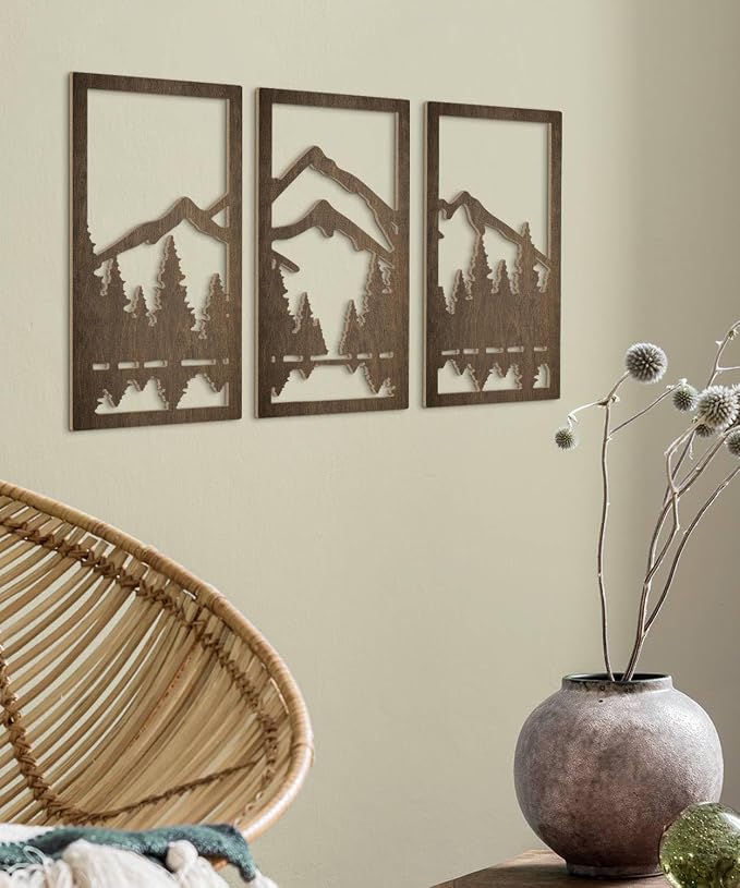 Putuo Decor 3-Piece Mountain Forest Wood Wall Art Set, Natural Wall Art Decor, Minimalist Wall Sculpture for Cabin Bedroom Entryway Living Room