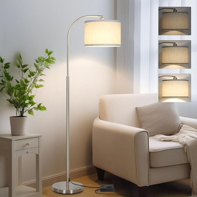 Arc Floor Lamp, Dimmable Floor Lamp for Living Room, Standing Lamp with Adjustable Drum Shade, Tall Pole Lamp for Bedroom Study Room Office, 9W 3000K LED Bulb Included