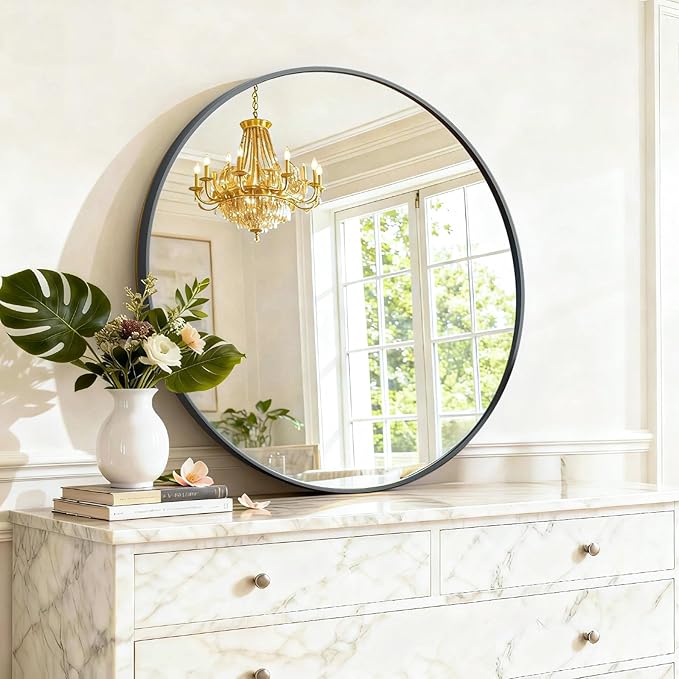 Round Wall Mirror 24 Inch Black Vanity Mirror with Metal Frame, Modern Circle for Bathroom, Entryway, Bedroom, Living Room, Wall Mounted Decorative Mirrors