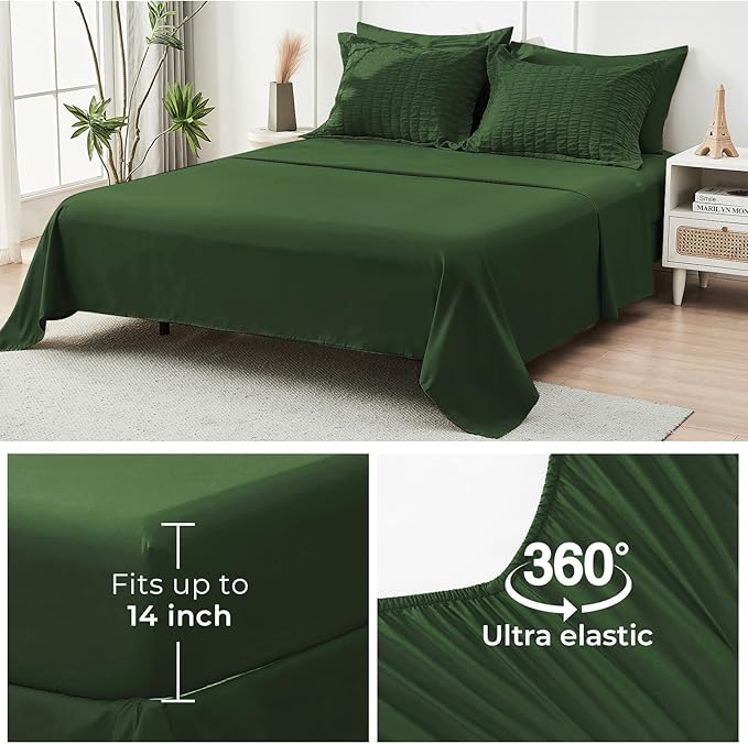 HYMOKEGE Dark Green Queen Comforter Set Seersucker 7 Pieces, All Season Luxury Bed in a Bag for Bedroom, Bedding Set with Comforters, Sheets, Pillowcases & Shams