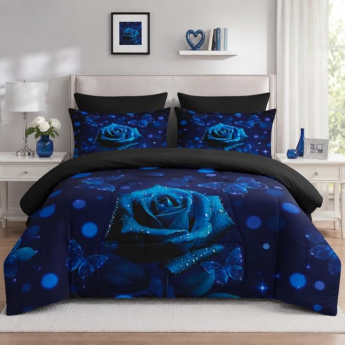 Nesker 7 Pcs Comforter Set Full Size, Blue Rose Floral Flower Bedding Set for Kids and Adults, Romantic Valentine Bed Sheet Sets with Fitted Sheet 2 Pillowcases & 2 Shams