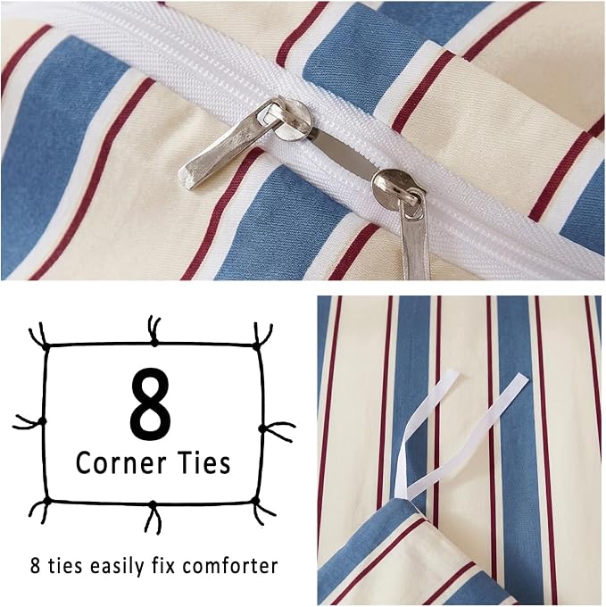 Merryword 100% Cotton Duvet Cover Set King Size - Blue & White Cabana Striped Bedding Set with Zipper & Corner Ties, 3-Piece Luxury & Silky Soft Bedding Set for All Seasons