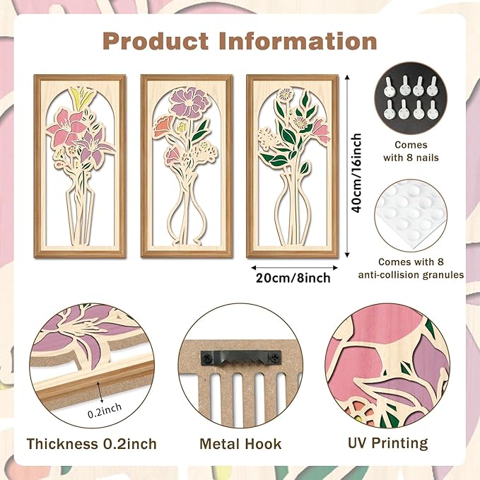 IARTTOP 3 Pcs Boho Flower Vase Wooden Wall Decor Minimalist Floral Farmhouse Decor Botanical Wood Wall Art Bohemian Flower Artwork for Bathroom Living Room Bedroom Housewarming Gifts 7.9 x15.8 Inch