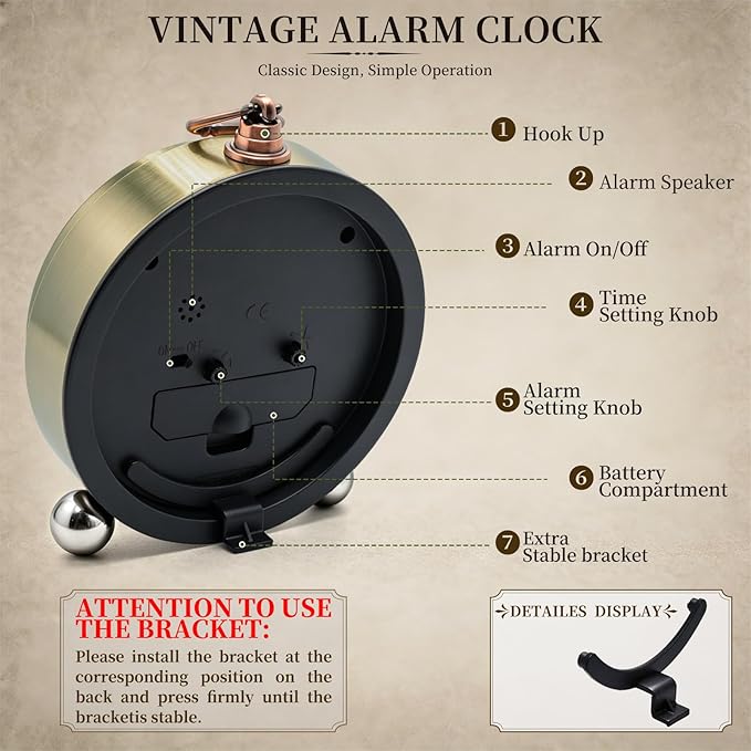 Metal Analog Alarm Clock - 5'' Battery Operated Silent Non-Ticking Quartz Antique Retro Small Desk Clocks for Bedside Bedrooms Living Room Office Home Decor (Bronze)