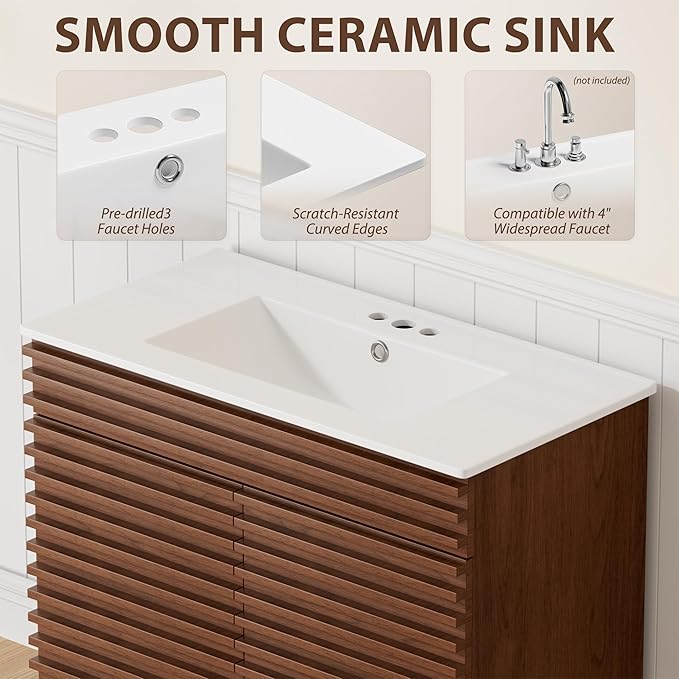 APRILSOUL 36" Bathroom Vanity with Ceramic Sink, Mid-Century Bathroom Vanity Cabinet with 2 Soft Closing Doors, Freestanding Bathroom Cabinet, Particleboard Frame with Wood Grain Laminate, Walnut