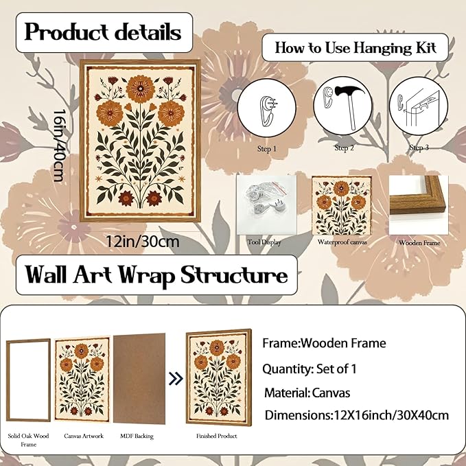 Framed Vintage Mexican Floral Wall Art, Boho Flower Pictures Wall Decor, Folk Marigolds Botanical Paintings Canvas Prints Rustic Home Decor for Living Room Bedroom 12x16 inch