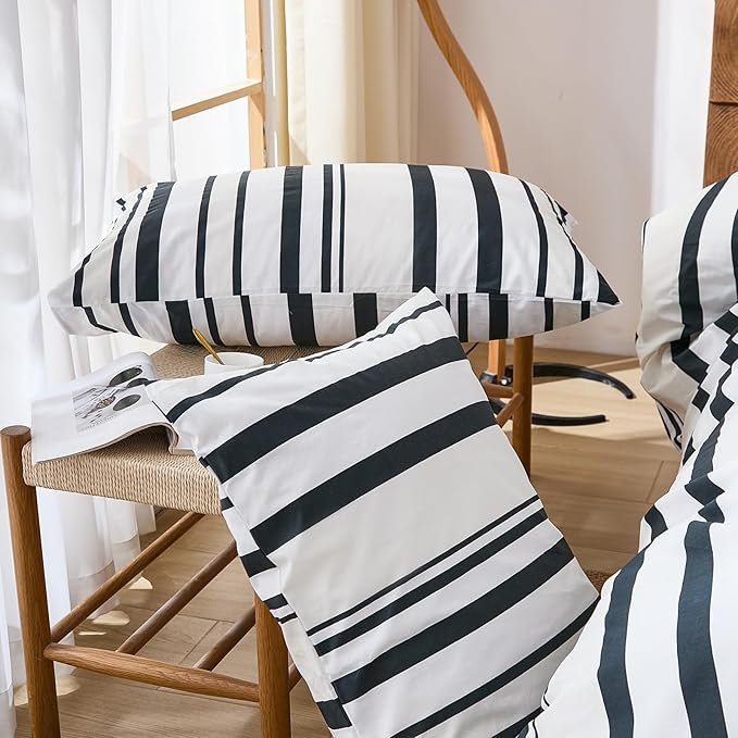 Merryword Black and White Striped Duvet Cover Set Queen Size - 100% Cotton Duvet Cover Set with Vertical Stripe Design, Soft Breathable Comforter Cover for All Seasons