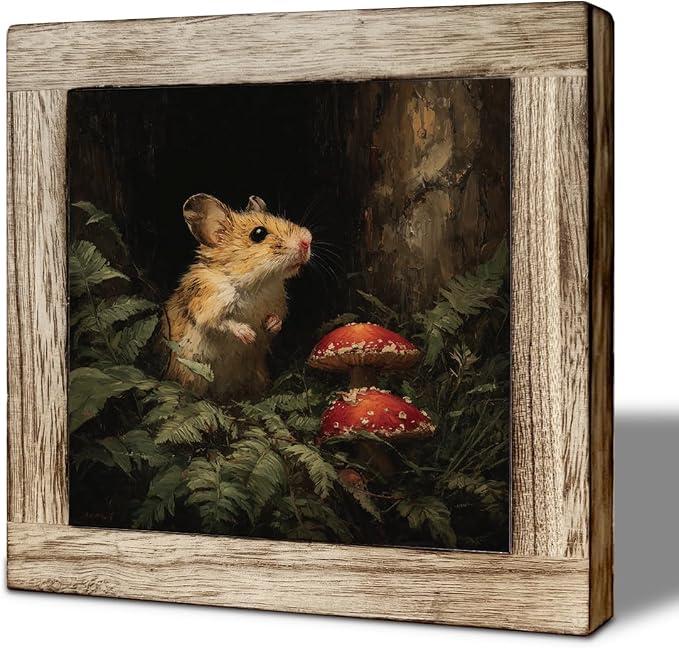 Whimsical Mouse and Mushroom Wooden Plaque - Rustic Woodland Art, Farmhouse Decor, Cute Animal and Nature Design, Gift for Animal Lovers, Nature Decor