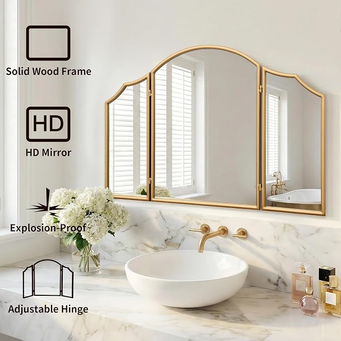 Besdomus Gold Scalloped Vanity Mirror: 36"x24" Large Modern Three Sided Dresser Miror - Minimalist Wood Frame 3 Way Trifold for Bedroom/Cloakroom/Dressing Room - Home Decor for Housewife