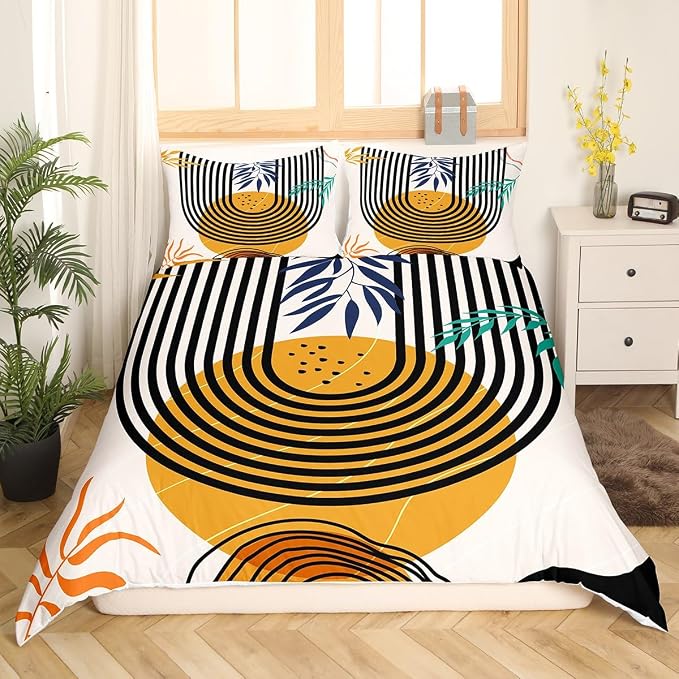 Erosebridal Mid Century Bedding Sets King Swirl Line Bed Set, Vintage Minimalit Bed Cover Modern Artwork Duvet Cover, Abstract Circle Spiral Bedding Lightweight for All Seasons
