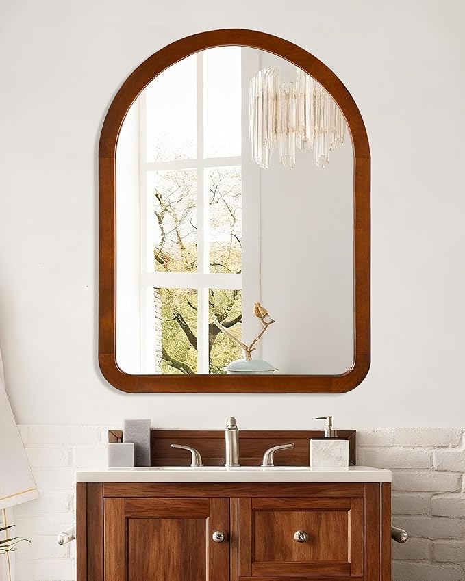 Arched Mirror 30 x 40 Inch,Walnut Brown Wood Rustic Bathroom Tempered Wall Mirror with Wood Frame,Round Corner Arch Farmhouse Wooden Vanity Mirror for Living Room,Entryway or Bedroom