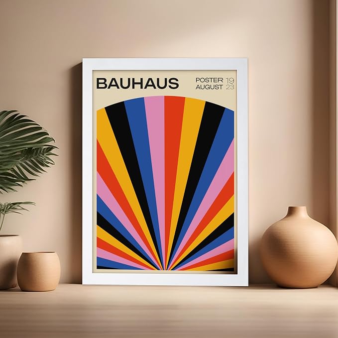 Poster Master Bauhaus Poster - Rainbow Sun Rays Print - Geometric - Abstract Art- Graphic Design - Chic Boho - Mid Century Modern Art - 16x20 White Framed
