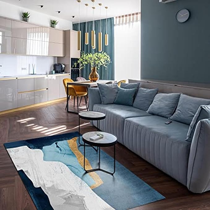 Abstract Ink Blue Gray Gold Geometry Art Area Rug, Nordic Fashion Minimalist Indoor Rug, Soft Foldable Non Slip Breathable Sofa Carpets for Living Room Bedroom Entryway Hotel Office 5.3x6.6ft