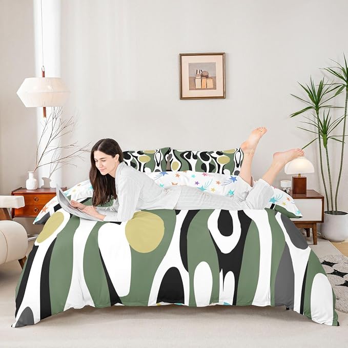 Erosebridal Organic Abstract Duvet Cover Set Modern Contemporary King Bedding Set for Adult Men Boho Mid Century Wavy Lines Comforter Cover Retro Geometric Bed Sets,Olive Green Khaki