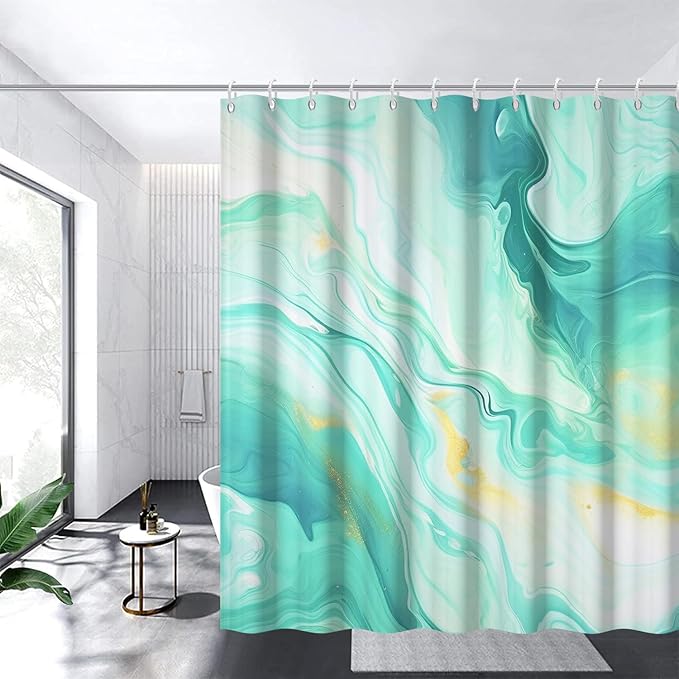 Turquoise Shower Curtain, Modern Teal and Gold Marble Shower Curtain for Bathroom Aesthetic Waterproof Shower Curtain Set with Hooks, 72x96 Inch