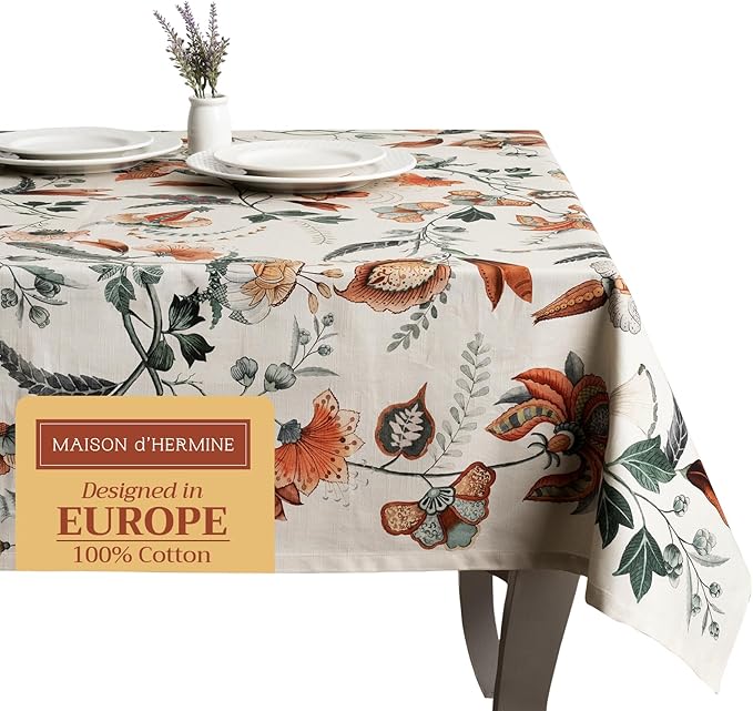 Maison d' Hermine Table Cloth Rectangle Table 100% Cotton 70 x 120 Inches Fall Tablecloth Reusable Everyday Use for Thanksgiving Christmas Decorations Dining Farmhouse Party (Dalida)