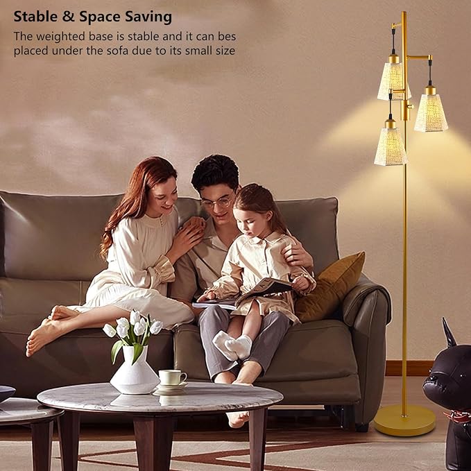 Lightdot 68IN Dimmable Floor Lamp for Living Room, Industrial 3-Light Tree Floor Lamps with LED E26 Bulbs Included, Mid Century Floor Lamp with Fabric Patterned Lampshades for Bedroom HOM Office-Gold