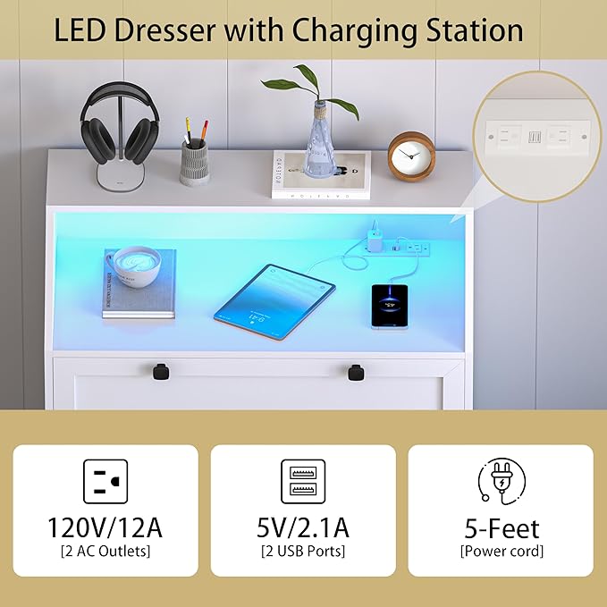 White Dresser Tall 5 Drawer Dresser for Bedroom, Wood Chest of Drawers with LED Lights, Charging Station, Metal Handles, Modern Storage Cabinet and Organizer Drawers for Living Room, Hallway