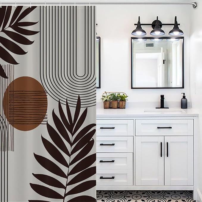 Mid Century Abstract Boho Shower Curtain Geometric Neutral Beige Modern Leaf Plant Semicircle Art Waterproof Shower Curtains for Bathroom Decor 12 Pack Hooks 55x72in（140x183cm）